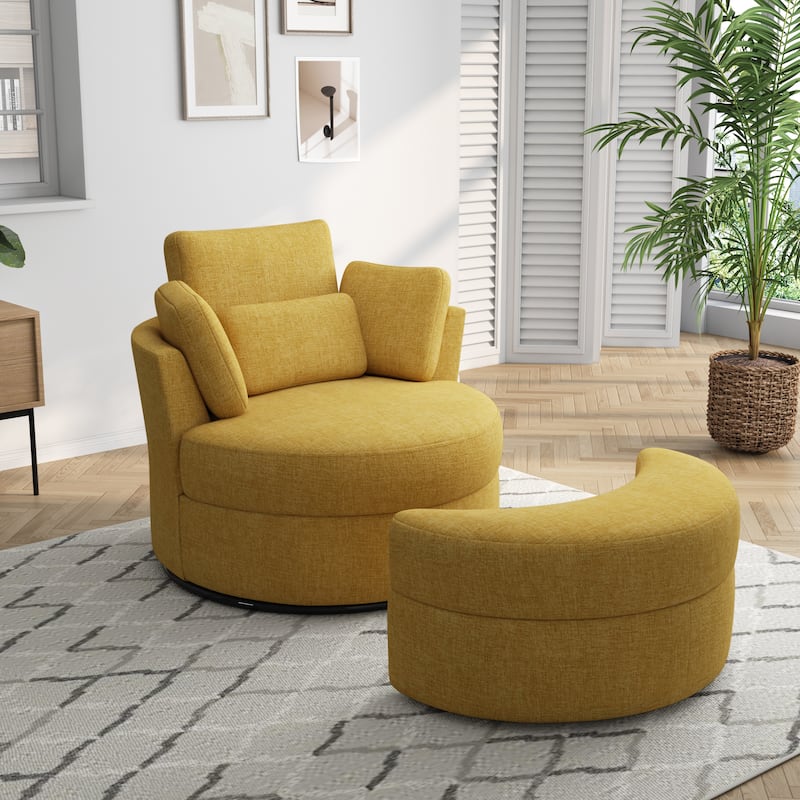 Upholstered Swivel Accent Chair with Wooden Tray Storage Ottoman