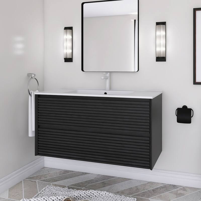 Wall-Mounted Bathroom Vanity with White Ceramic Sink - 35.83'' x 18.31'' x 20.4'' - Dark Oak