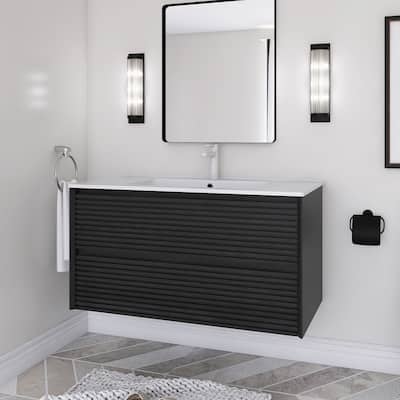Wall-Mounted Bathroom Vanity with White Ceramic Sink