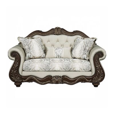 Upholstered Loveseat with Button Tufted Back in Beige and Cherry