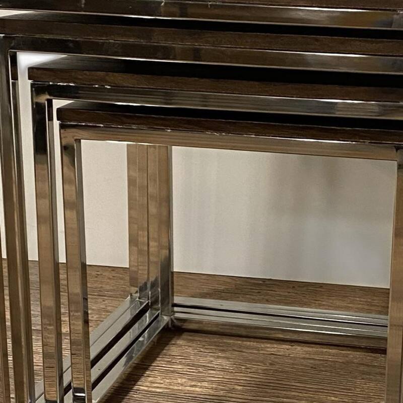Natural Brown Solid Wood Rectangular Nesting Tables with Silver Stainless Steel Bases Set of 4