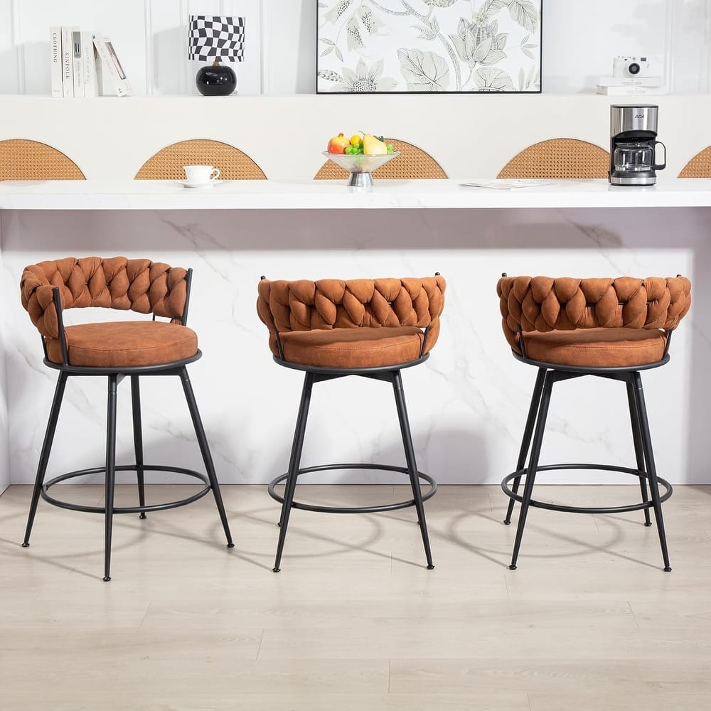 XINMICS 360° Swivel Bar Stools, 24 Inches Modern Counter Height Bar Stools with Woven Back, Upholstered Suede Tall Barstools