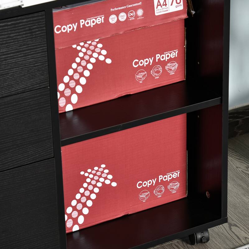 HOMCOM Indoor Office Storage Cabinet with 3 Storage Drawers, Open Shelving, & Wheels