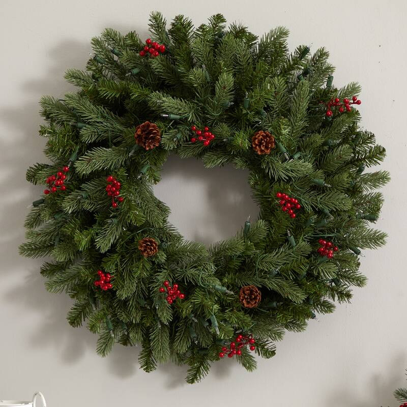 Pre-Lit Berries and Pinecones Christmas Wreath, 30-Inch, Clear Lights