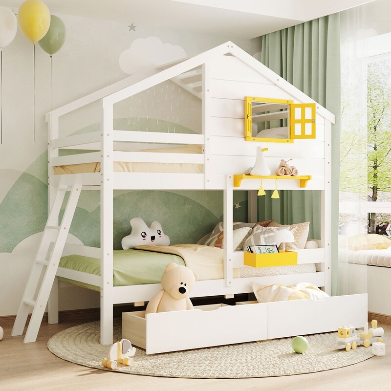 Playhouse inspired Style Twin over Twin Bunk Bed with 2 Drawers 1 Storage Box 1 Shelf Window and Roof Gray