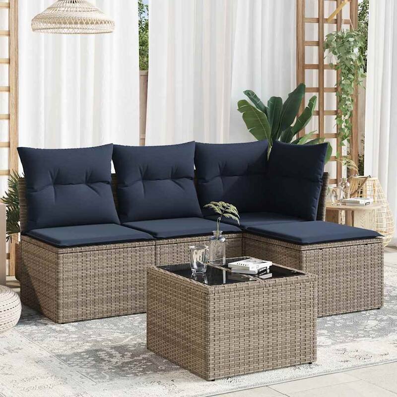 vidaXL 4/5 Piece Patio Sofa Set with Cushions Black/Brown/Gray Poly Rattan - 24.4 x 24.4 x 27.2 - Beige and gray With table