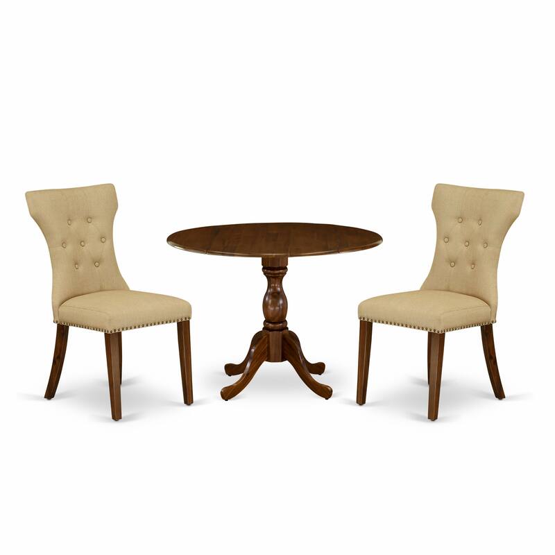 East West Furniture 3 Piece Dinette Set- a Round Dining Table with Dropleaf and 2 Linen Fabric Dining Chairs, (Finish Options)