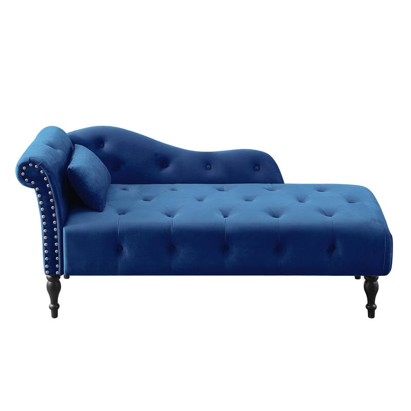 60.6" Velvet Chaise Lounge Buttons Tufted Nailhead Trimmed Solid Wood Legs with 1 Pillow,Blue (Left Arm Design)