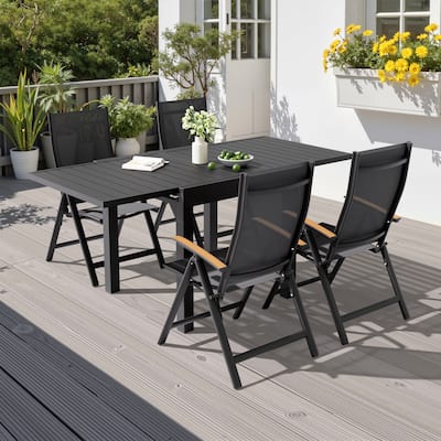 VredHom 5PC Outdoor Patio Aluminum Expandable Rectangle Dining Set Table with Folding Chairs