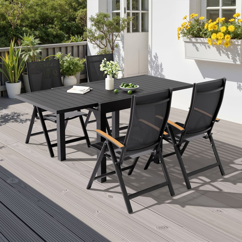 VredHom 5PC Outdoor Patio Aluminum Expandable Rectangle Dining Set Table with Folding Chairs