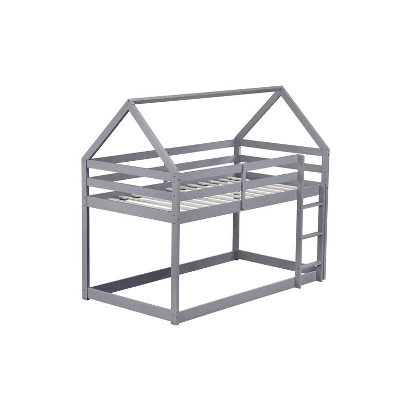 House-Themed Wooden Bunk Bed with Roof, Guardrails & Low Ladder for Twin Size Mattress