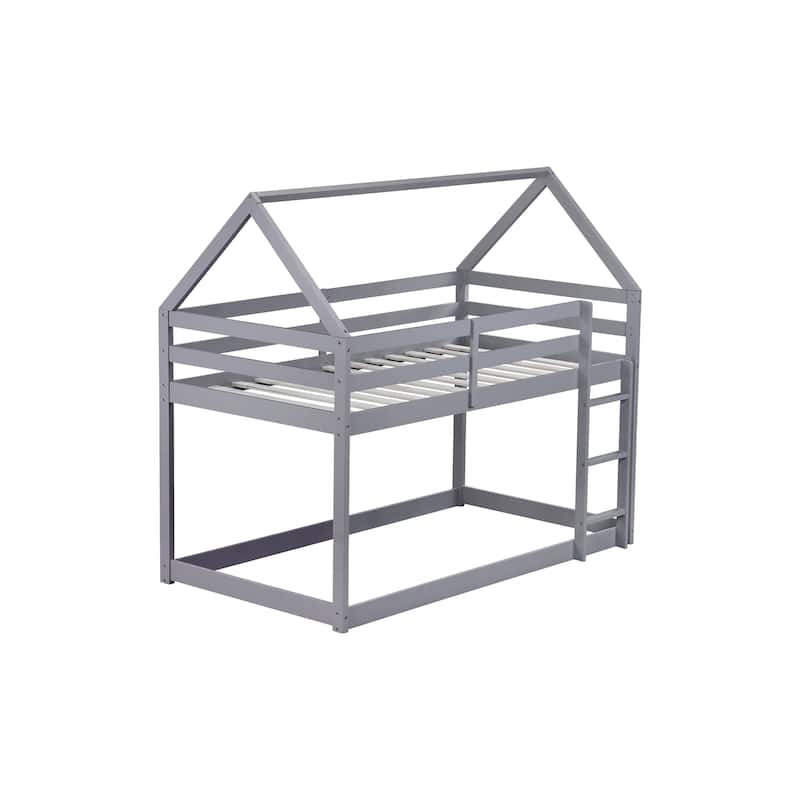 Twin over Twin Rubber Wood Floor Bunk Bed with Ladder, Guardrails, and House-Shaped Design, Pink Kids Bunk Bed