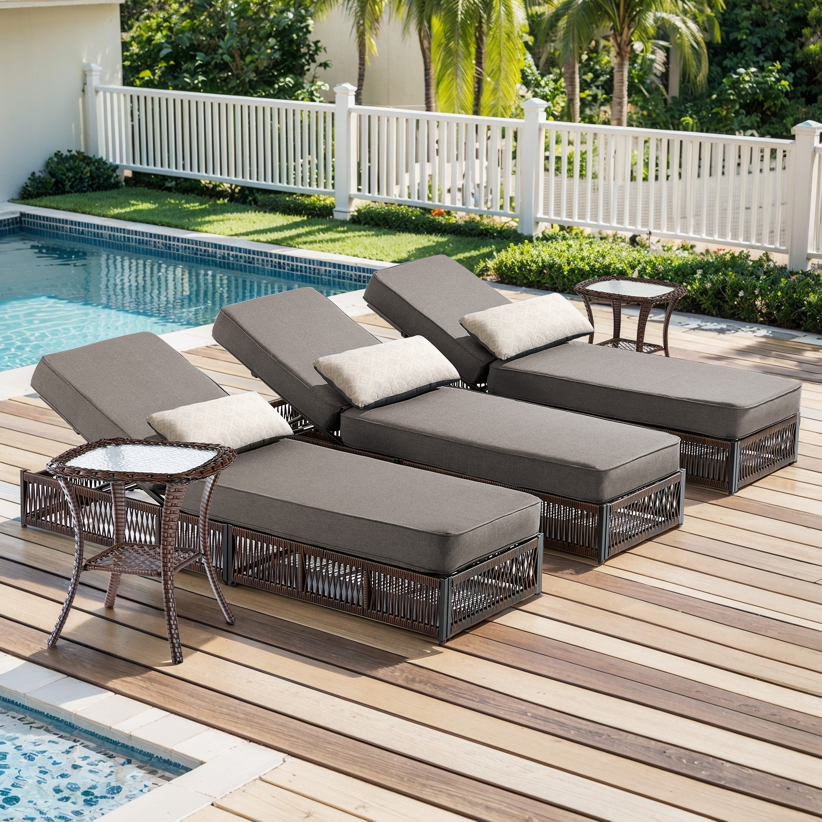 Pocassy 3 Pieces Patio Chaise Lounge Chair Adjustable Backrest with 2 Side Table