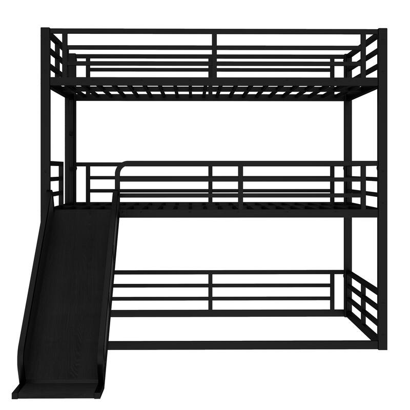 Twin/Twin/Full Triple Bunk Bed with Slide - Metal Frame, Safety Guardrails, Noise-Reduced (Black)