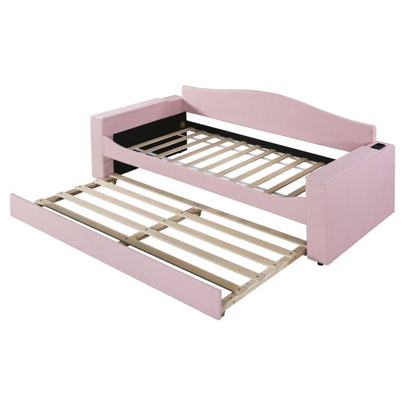 Sofa bed with storage arms, trundle bed and Bluetooth stereo