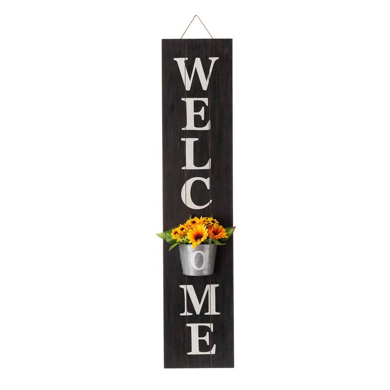 Glitzhome 42-inch Wooden Welcome Porch Sign Wall Decor with Metal Planter