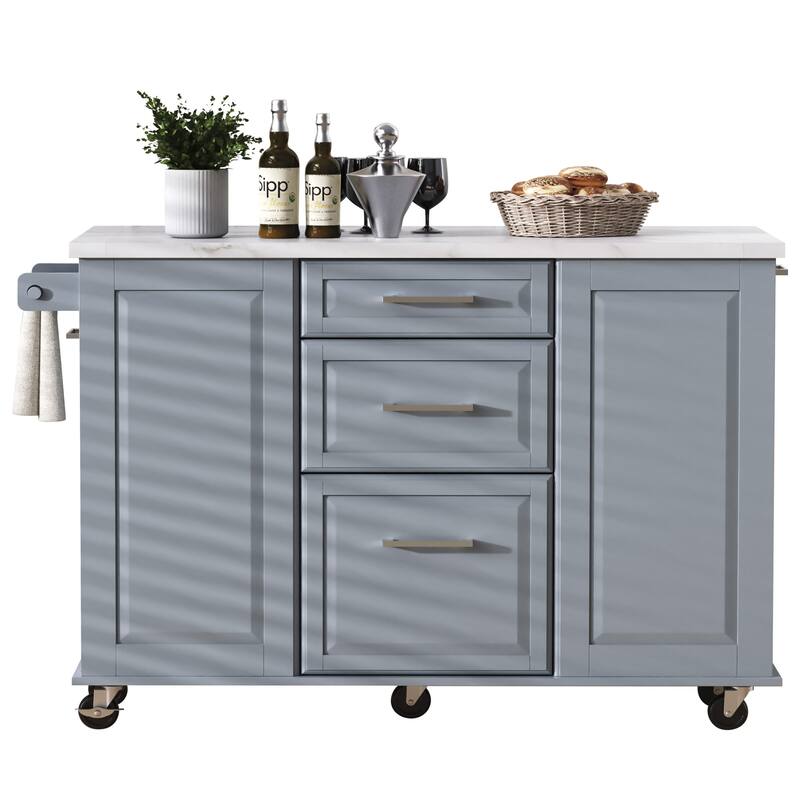 Roomfitters 50.7" Kitchen Island with Tilt Trash Can Cabinet, Pull-Out Organizer & Drop Leaf, Faux Marble Top, Grey Blue