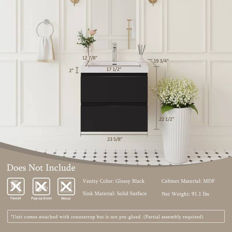 ABRUZZO 24" Floating Single Bathroom Vanity Wall-Mounted with Integrated Resin Top Basin 2 Soft Close Drawers Full Assembly