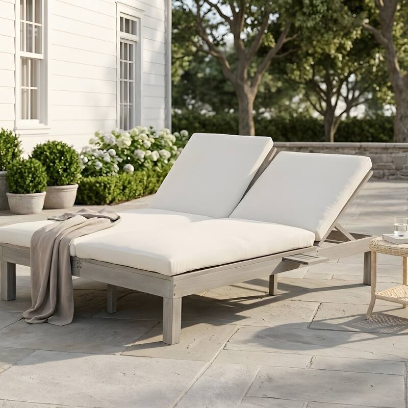 5-position adjustable backrest double recliner, outdoor lounger with cushion and foldable side tray, accommodates two people.