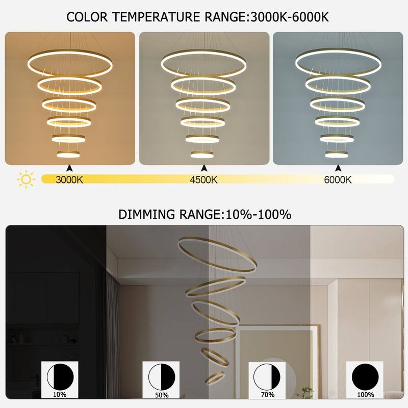 Modern Led Chandelier Gold 6 Ring Chandeliers for Foyer High Ceiling