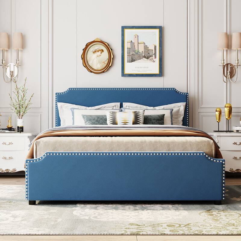 Upholstered Platform Bed Queen Size Velvet Fabric Storage Bedframe with 4 Drawers, Headboard & Footboard, No Box Spring Needed