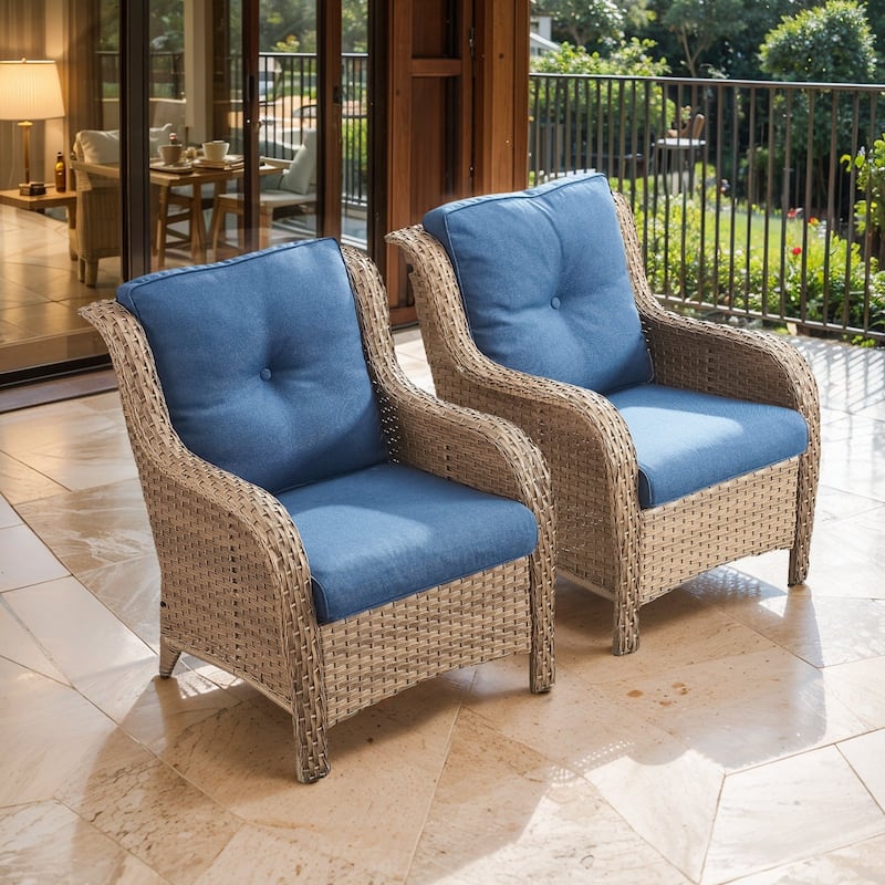 Outdoor Arm Chair with Cushion Rattan Chair - Yellow Rattan - Blue Cushion - 2PCS - Patio Chair