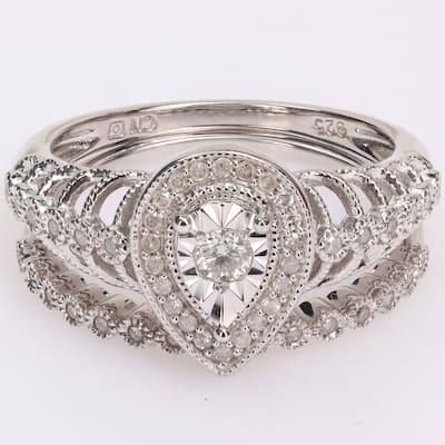 Miadora 1/3ct TDW Diamond Teardrop Halo Bridal Ring Set in Sterling Silver