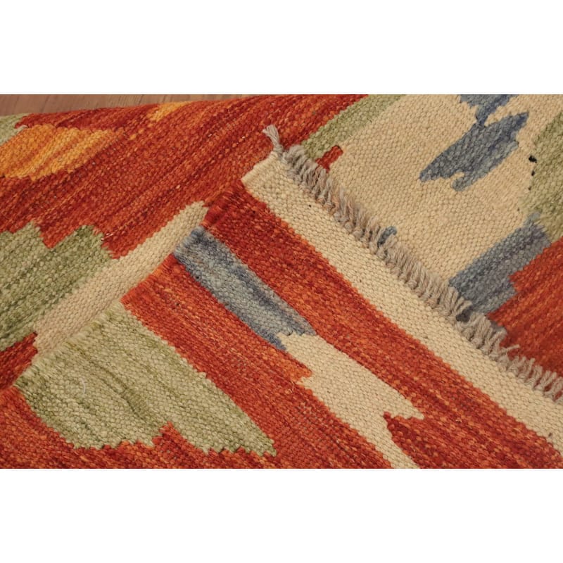Hand Woven Oriental 100% Wool Carpet Southwestern Modern Oranges & Rust Kilim Area Rug - 4' 0'' X 2' 1''