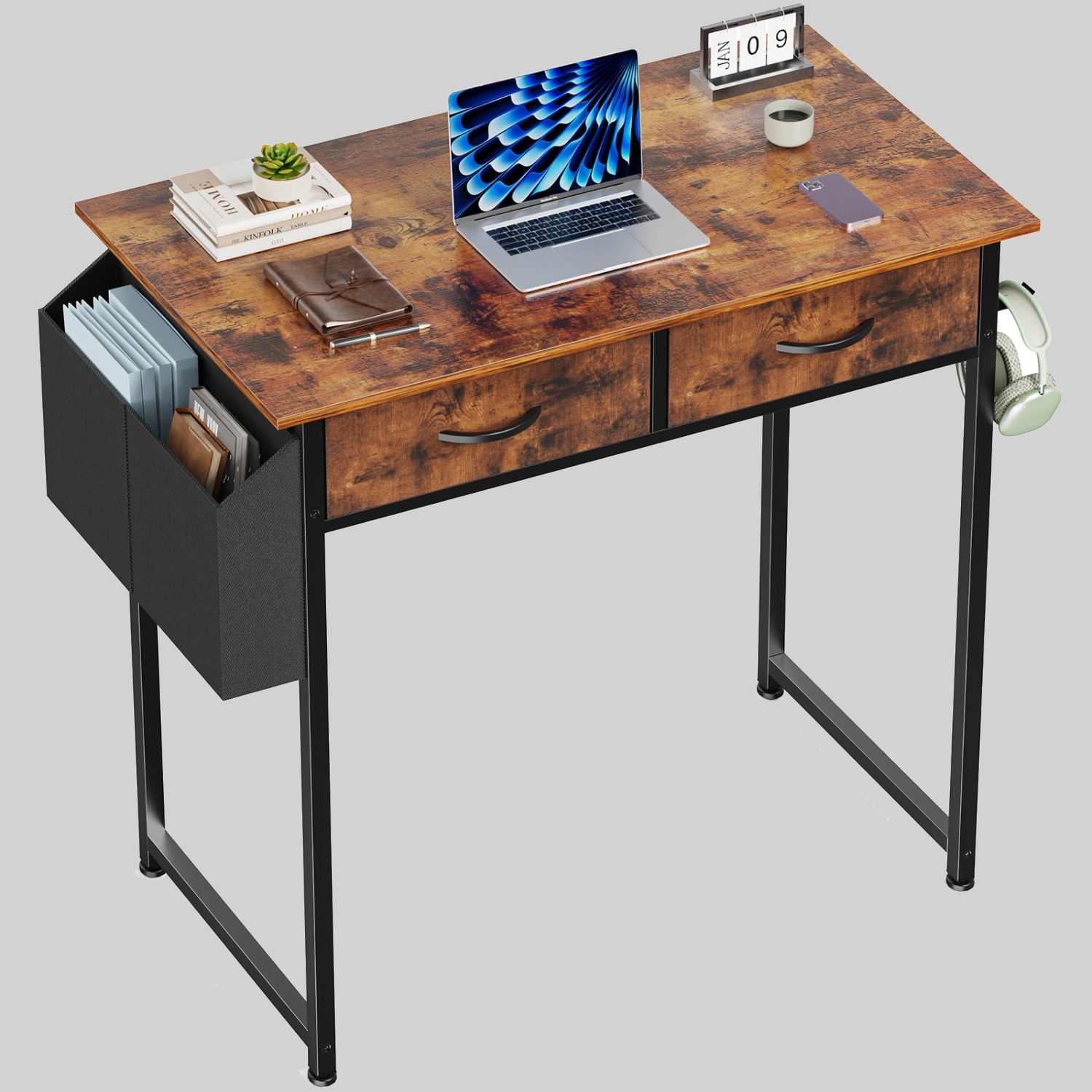 Home Office Writing Desk with Drawer, Hook, and Sturdy Frame - Easy Assembly
