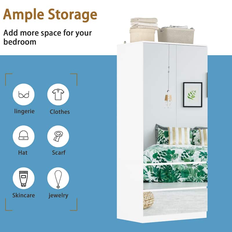 Modern Mirrored Wardrobe Armoire with Hanging Rod White Bedroom Storage Cabinet, Freestanding Closet Organizer