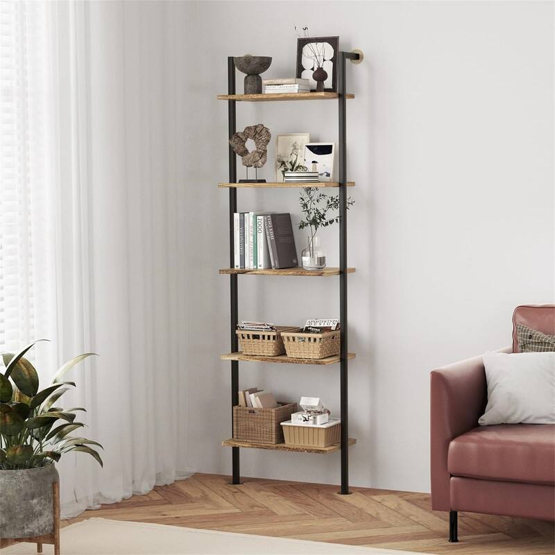 5 Tier Bookshelf Solid Wood Ladder Shelf - 11"D x 17.7"W x 69.9"H