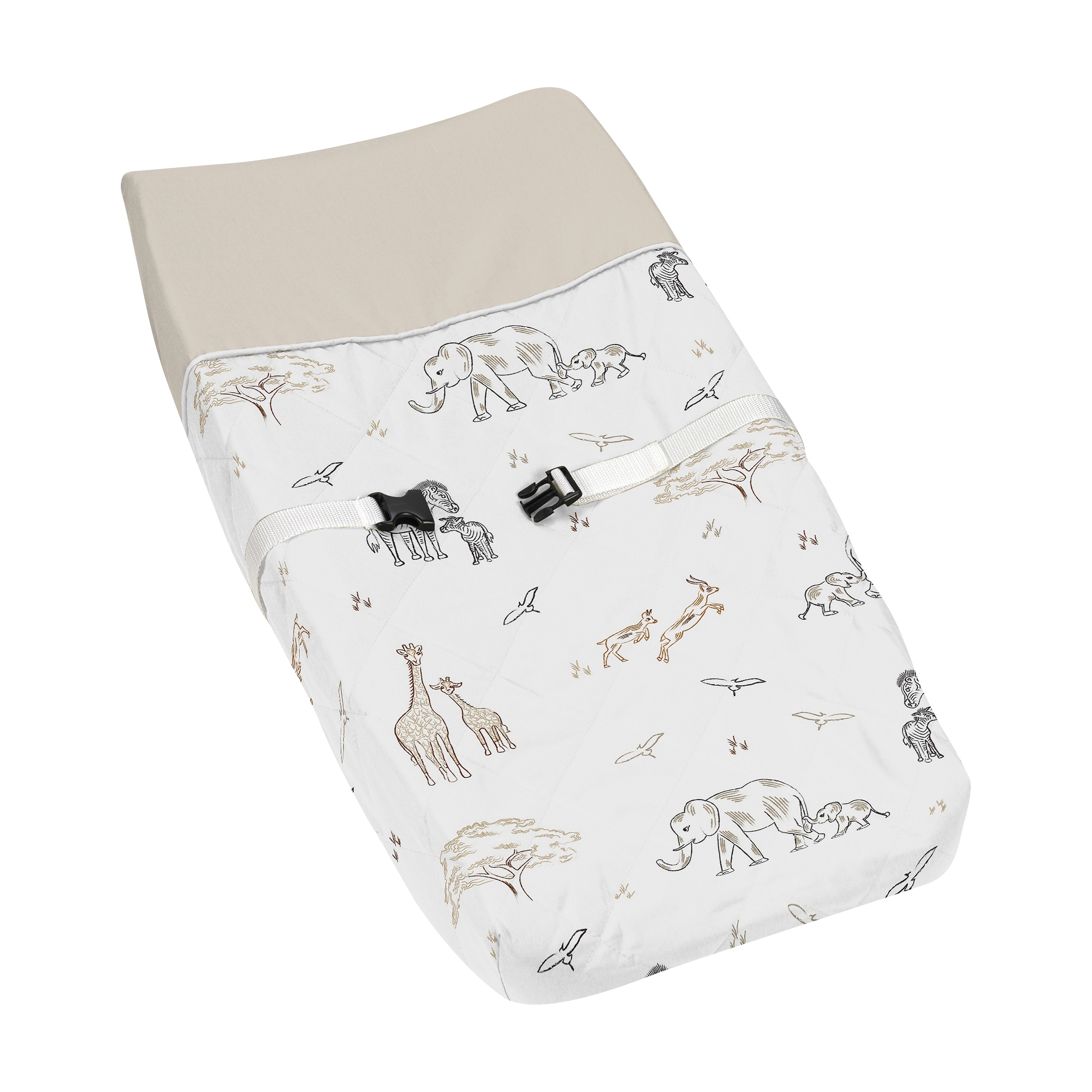 Jungle Safari Animals Boy Girl Changing Pad Cover Taupe Black and White Gender Neutral Elephant Giraffe Wildlife Adventure Zebra