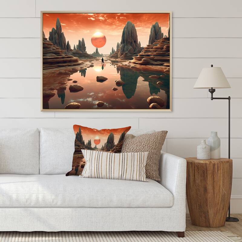 Designart "Pink Moon Rising Futuristic Mountain Landscape" Abstract Landscape Framed Wall Art Prints - 40 in. wide x 30 in. high - Natural