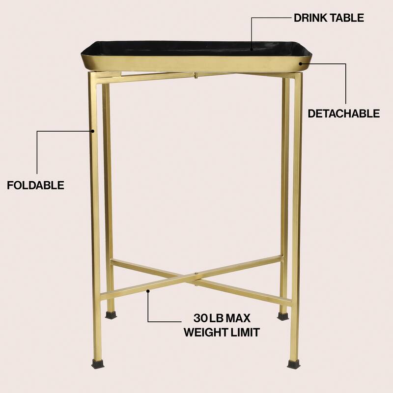 Sterling 26.25" Industrial Metal Foldable End & Side Table w/ Mirrored Tray Top, By JONATHAN Y