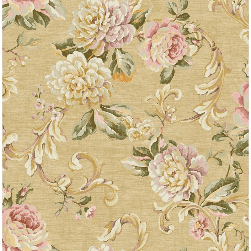 Seabrook Designs Kaydence Floral Scroll Unpasted Wallpaper - 20.5 in. W x 33 ft. L - Metallic Gold & Raspberry