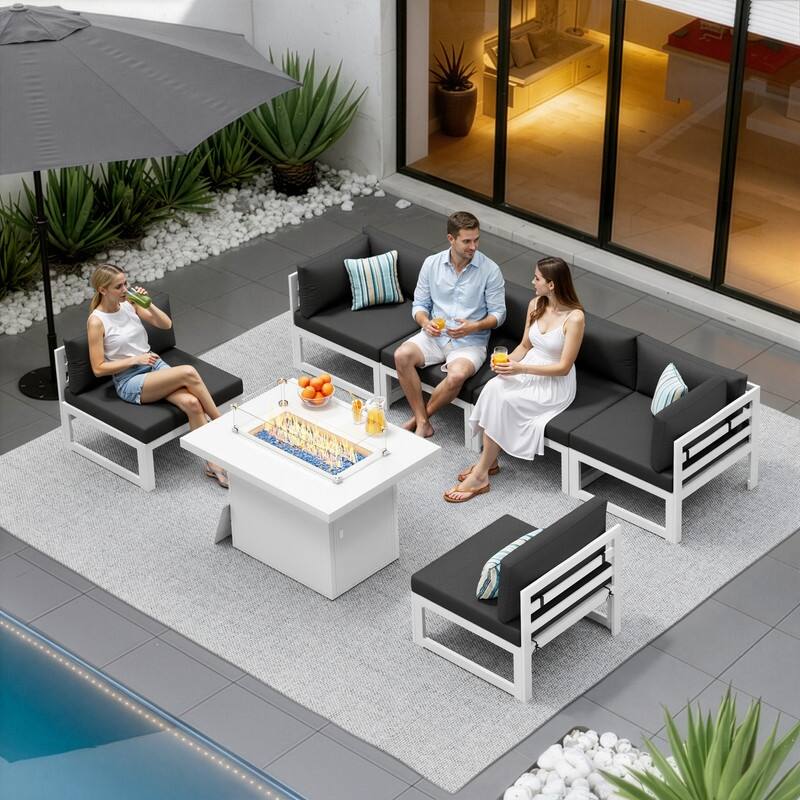 7 Piece Aluminum Patio Furniture Set with Fire Pit Propane/Gas, 29 inch Deep Wide Seat Aluminum Outdoor Sectional