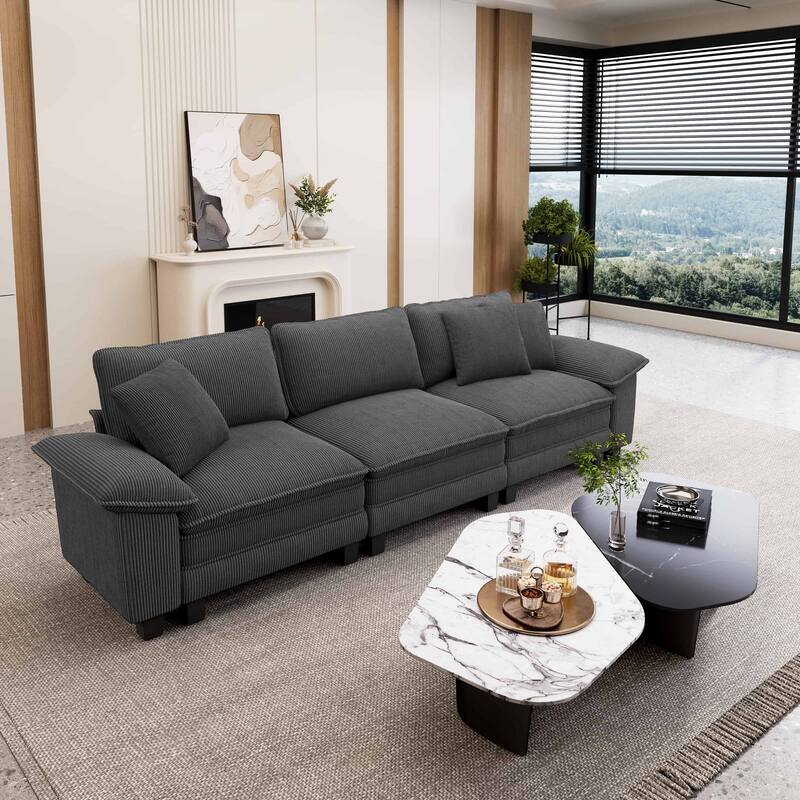MAISON ARTS Cloud Modular Deep Seat Sofa, Chenille or Corduroy Sectional Couch with Removable Arms, 1–4 Seater - Grey Corduroy(3 Pieces) - Symmetrical