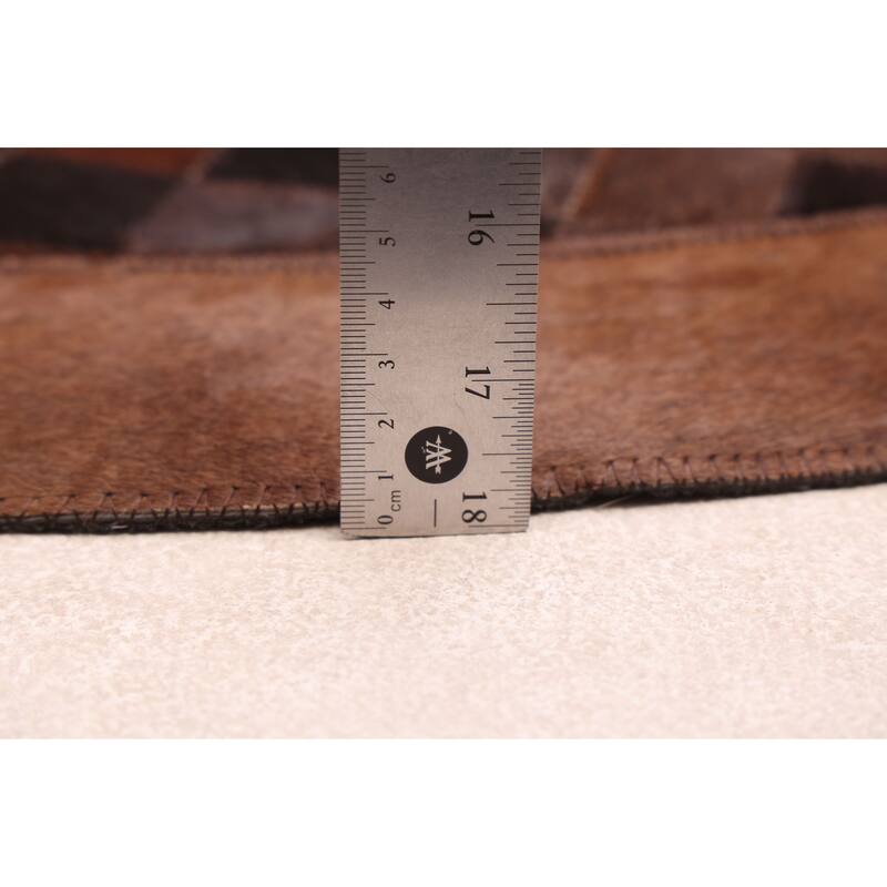 ECARPETGALLERY Handmade Cowhide Patchwork Dark Brown Leather Rug - 5'0 x 5'0