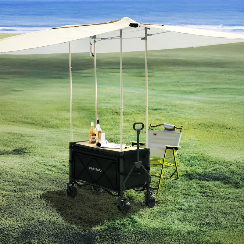 Foldable Camping Cart with Adjustable Handle, Bamboo Tabletop, Foldable storage, and Waterproof Oxford Canopy