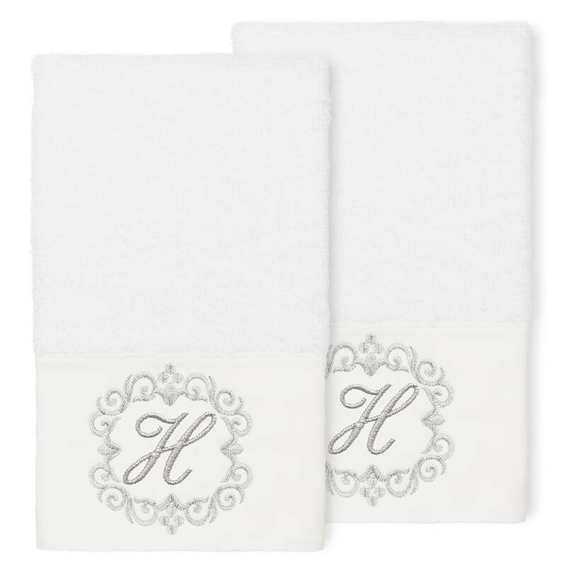 Authentic Hotel and Spa 100% Turkish Cotton Monica 2PC Embellished Hand Towel Set - H - White