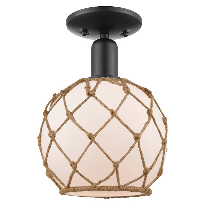 Innovations Lighting 716-1C-12-8 Farmhouse Rope Semi-Flush Farmhouse - Matte Black / White Glass with Brown Rope
