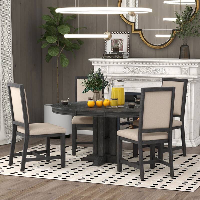 Farmhouse 5-Piece Wooden Dining Table Set with Extendable Round Table & 4 Chairs