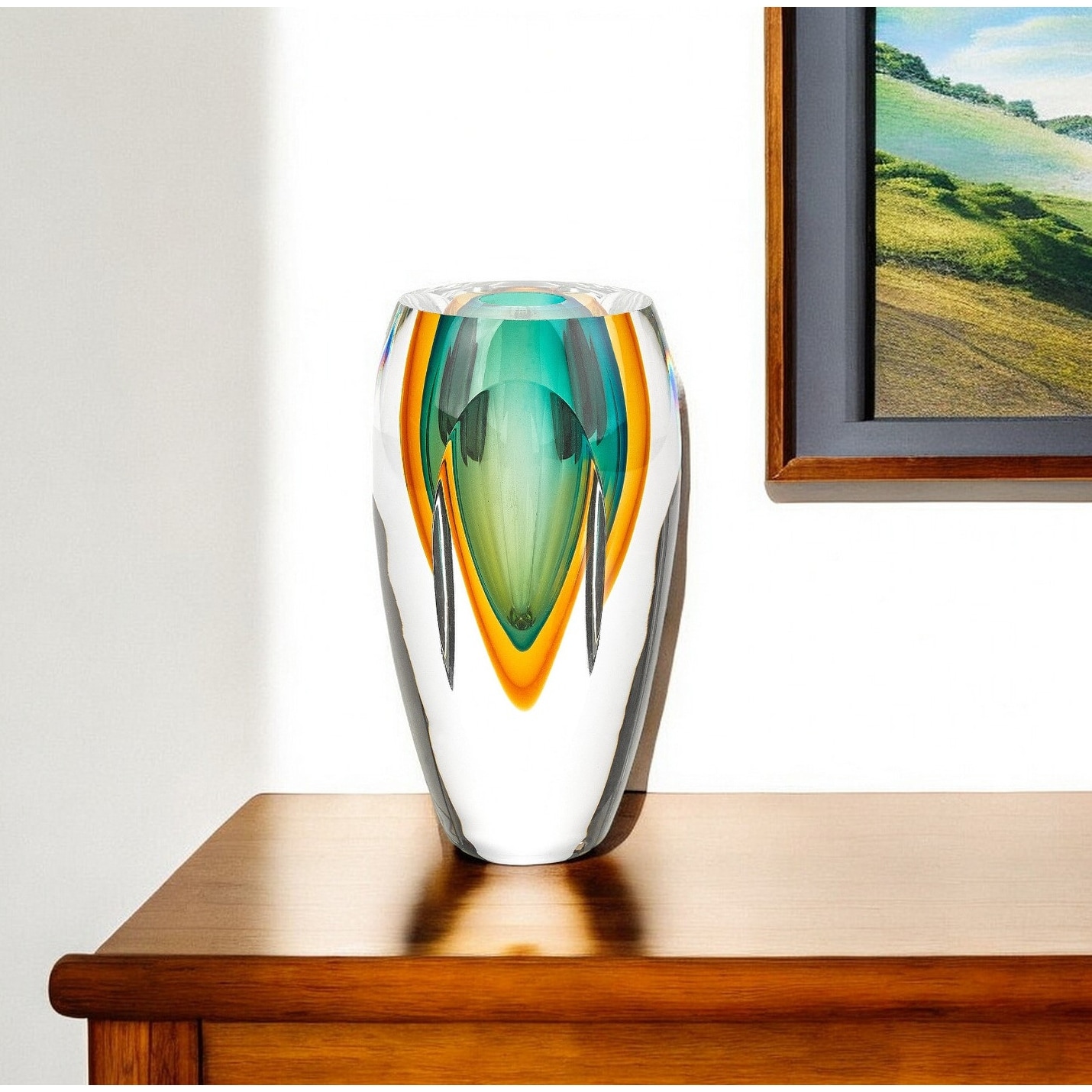 HomeRoots 6" Clear Amber and Green Abstract Murano Glass Table Vase