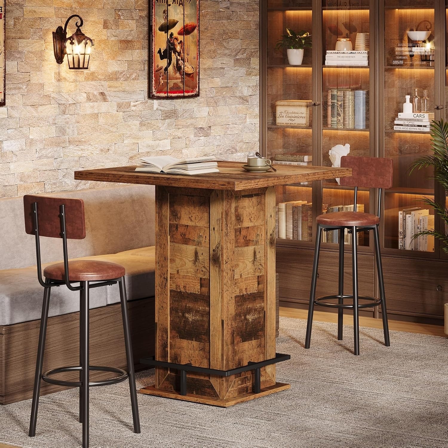 Industrial Square Bar High Top Bistro Pub Cocktail Table with Metal Footrest