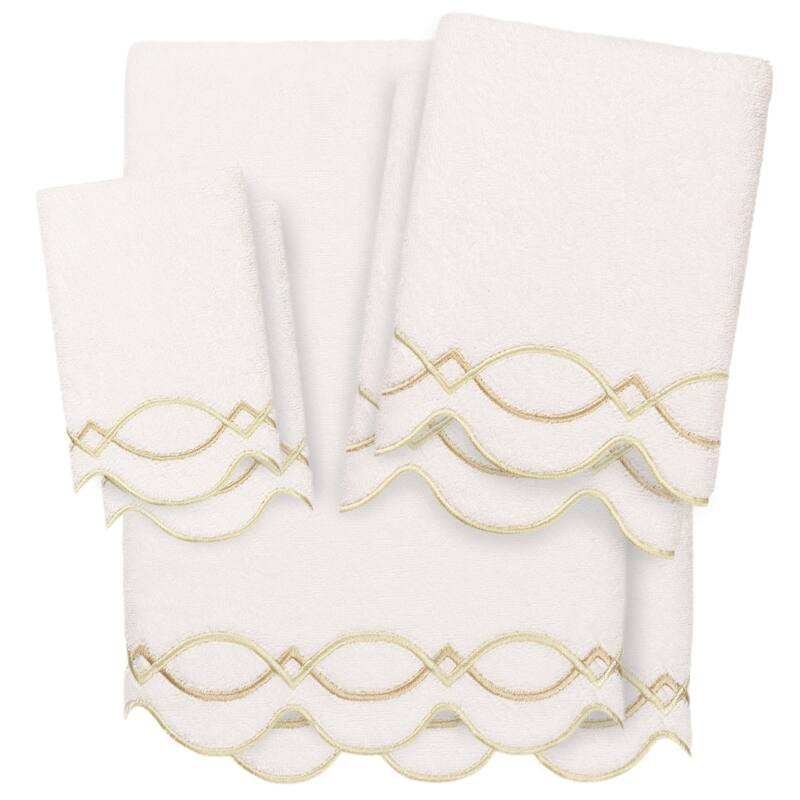 Authentic Hotel and Spa 100% Turkish Cotton DIAMOND CHAIN Scallop Embellished Towel Collection - White/Beige - 6 Piece Set