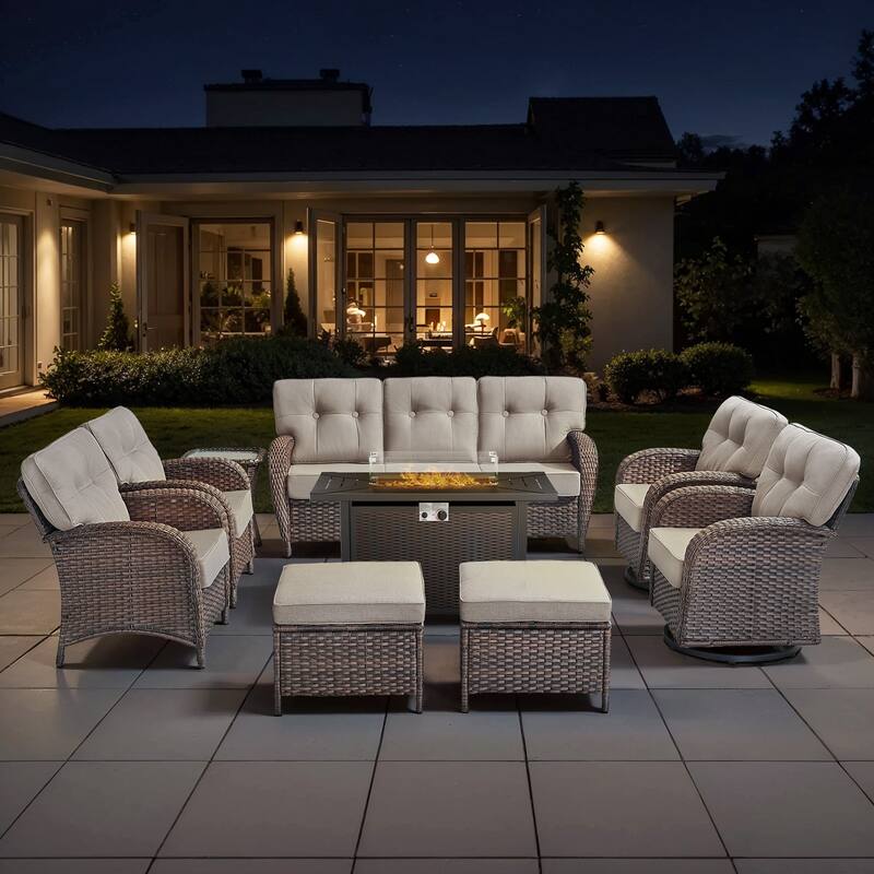 TWrap Wicker Patio Iron Fire Pit Conversation Set with 3-Seat Sofa & Swivel Gliders & Armchairs - Brown/Beige - With 2 Ottomans