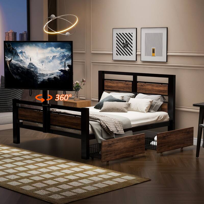 Twin Metal Platform Bed with Storage Drawers, Rotatable TV Stand, MDF Headboard - Black