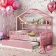 preview thumbnail 14 of 40, Twin Size Wooden House Bed Kids Bed with Trundle and Shelf for Home Pink