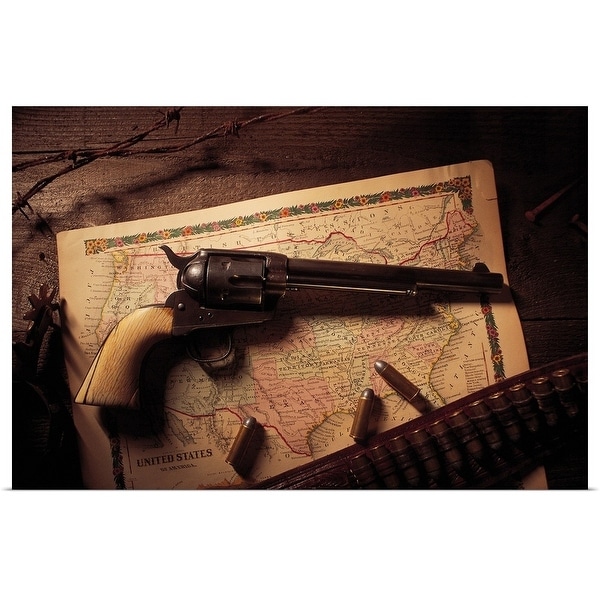"Vintage revolver with bullets and map" Poster Print