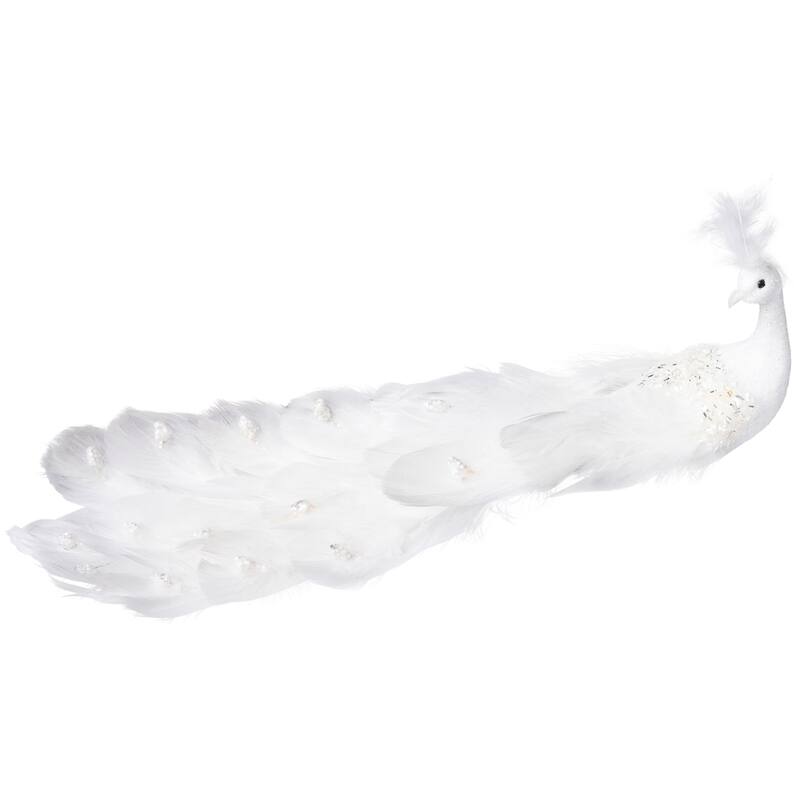 Glittered Peacock Clip-on Christmas Ornament - 14" - White